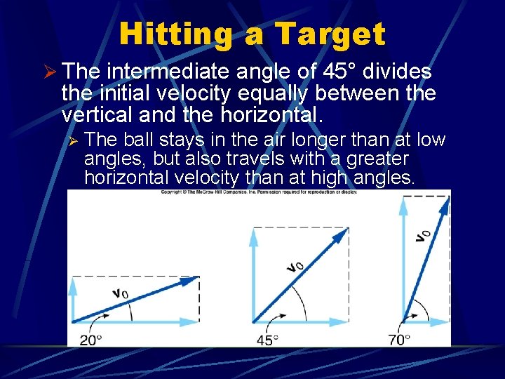 Hitting a Target Ø The intermediate angle of 45° divides the initial velocity equally