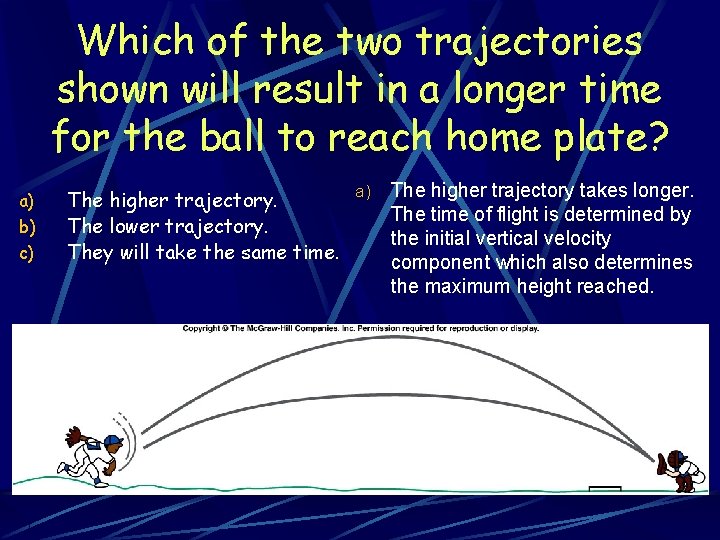 Which of the two trajectories shown will result in a longer time for the