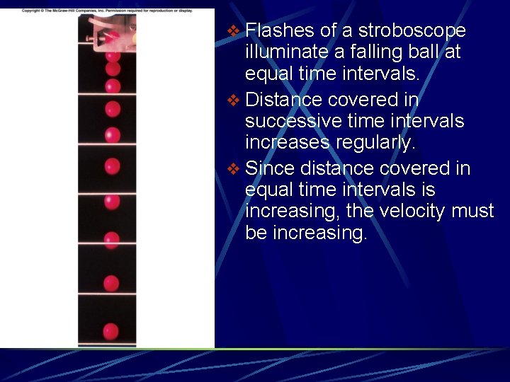 v Flashes of a stroboscope illuminate a falling ball at equal time intervals. v