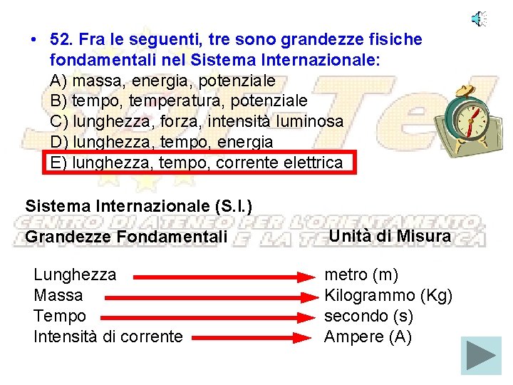  • 52. Fra le seguenti, tre sono grandezze fisiche fondamentali nel Sistema Internazionale: