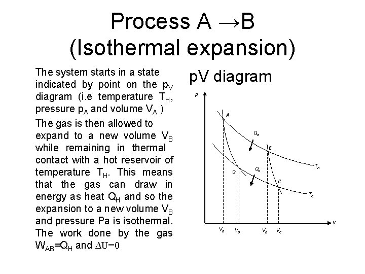 Process A →B (Isothermal expansion) The system starts in a state indicated by point