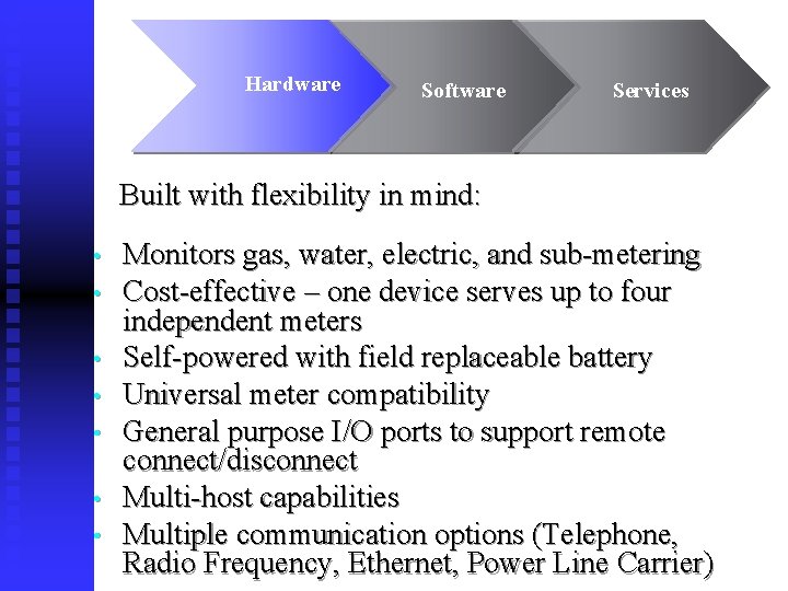 Hardware Software Services Built with flexibility in mind: • • Monitors gas, water, electric,