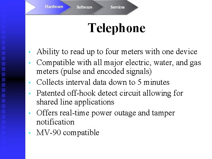 Hardware Software Services Telephone • • • Ability to read up to four meters