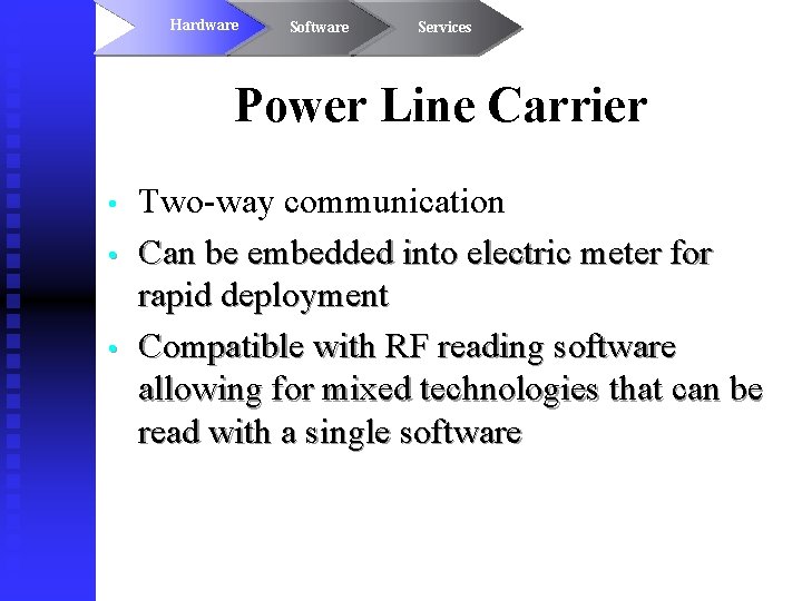 Hardware Software Services Power Line Carrier • • • Two-way communication Can be embedded