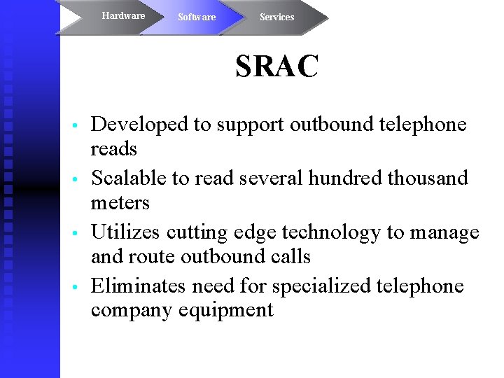 Hardware Software Services SRAC • • Developed to support outbound telephone reads Scalable to