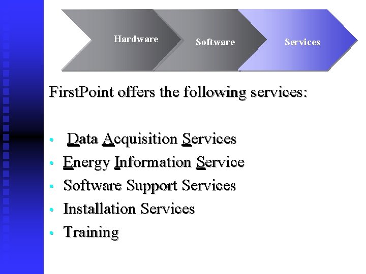 Hardware Software Services First. Point offers the following services: • • • Data Acquisition
