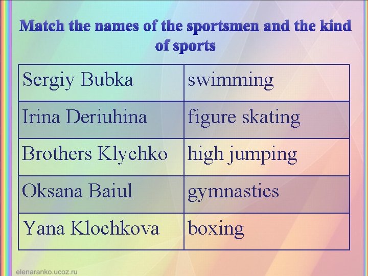 Match the names of the sportsmen and the kind of sports Sergiy Bubka swimming