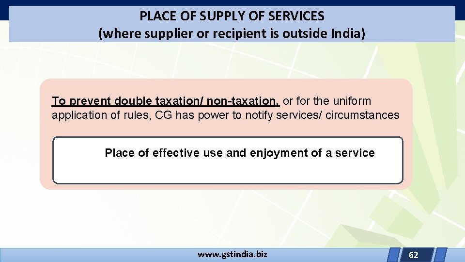 PLACE OF SUPPLY OF SERVICES (where supplier or recipient is outside India) To prevent