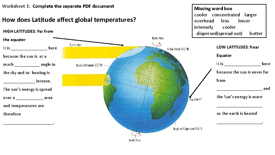 Worksheet 1: Complete the seperate PDF document How does Latitude affect global temperatures? HIGH