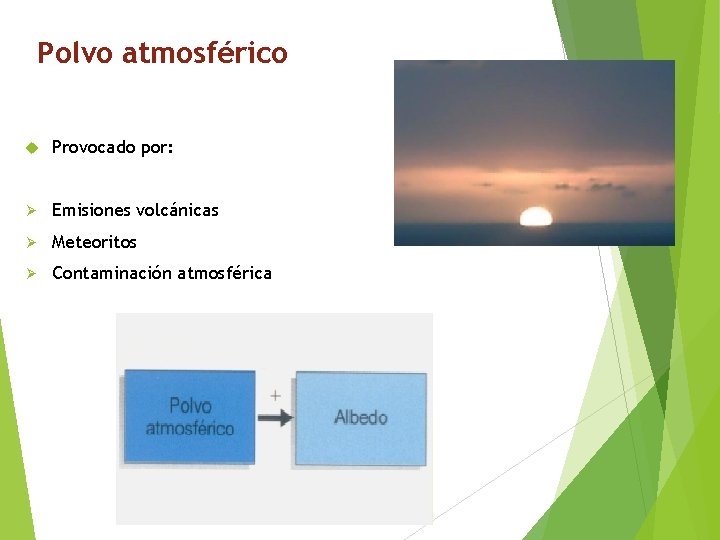 Polvo atmosférico Provocado por: Ø Emisiones volcánicas Ø Meteoritos Ø Contaminación atmosférica 