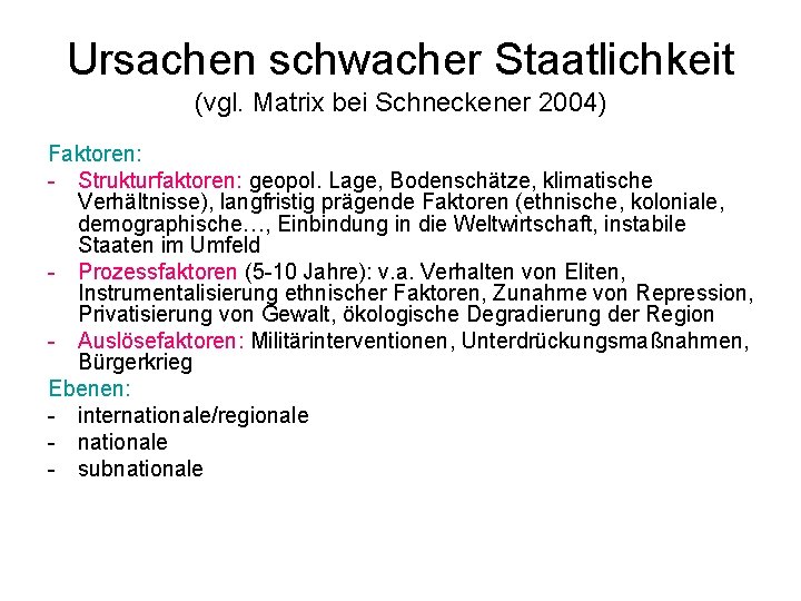 Ursachen schwacher Staatlichkeit (vgl. Matrix bei Schneckener 2004) Faktoren: - Strukturfaktoren: geopol. Lage, Bodenschätze,