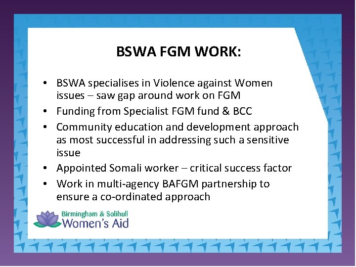 BSWA FGM WORK: • BSWA specialises in Violence against Women issues – saw gap