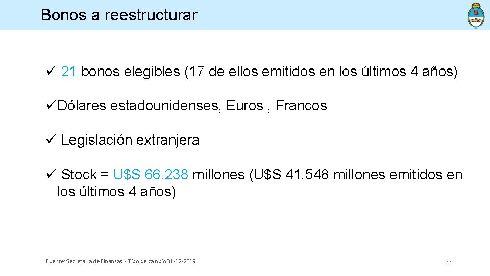 Bonos a reestructurar ü 21 bonos elegibles (17 de ellos emitidos en los últimos