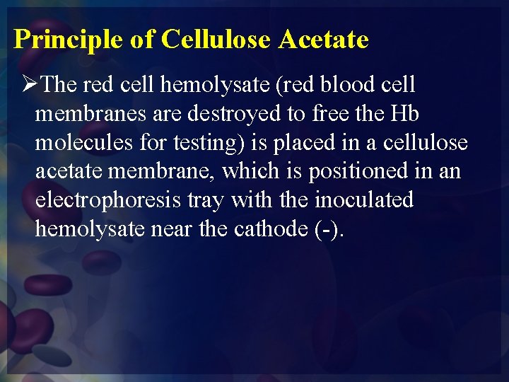 Principle of Cellulose Acetate ØThe red cell hemolysate (red blood cell membranes are destroyed