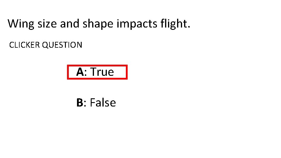 Wing size and shape impacts flight. CLICKER QUESTION A: True B: False 