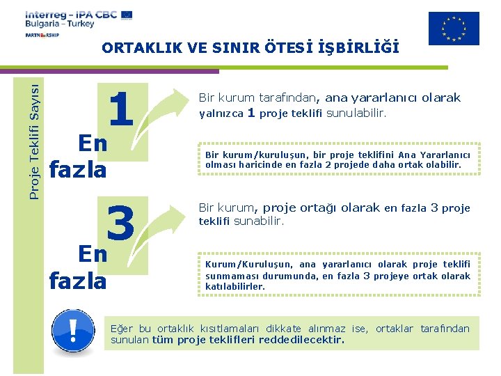 Proje Teklifi Sayısı ORTAKLIK VE SINIR ÖTESİ İŞBİRLİĞİ 1 En fazla Bir kurum/kuruluşun, bir