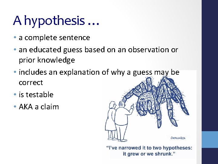 A hypothesis … • a complete sentence • an educated guess based on an