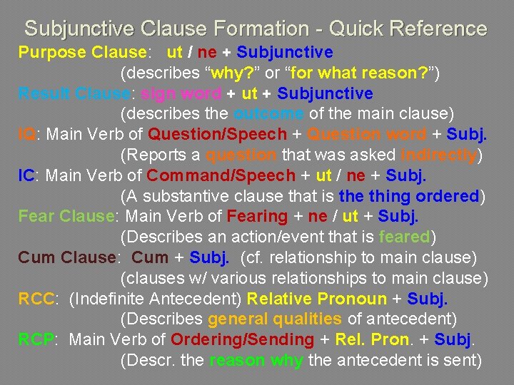 Subjunctive Clause Formation - Quick Reference Purpose Clause: ut / ne + Subjunctive (describes