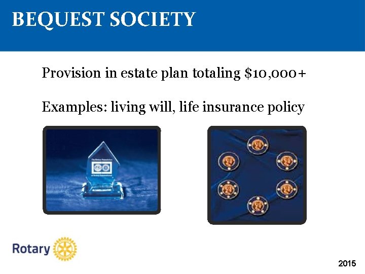 BEQUEST SOCIETY Provision in estate plan totaling $10, 000+ Examples: living will, life insurance