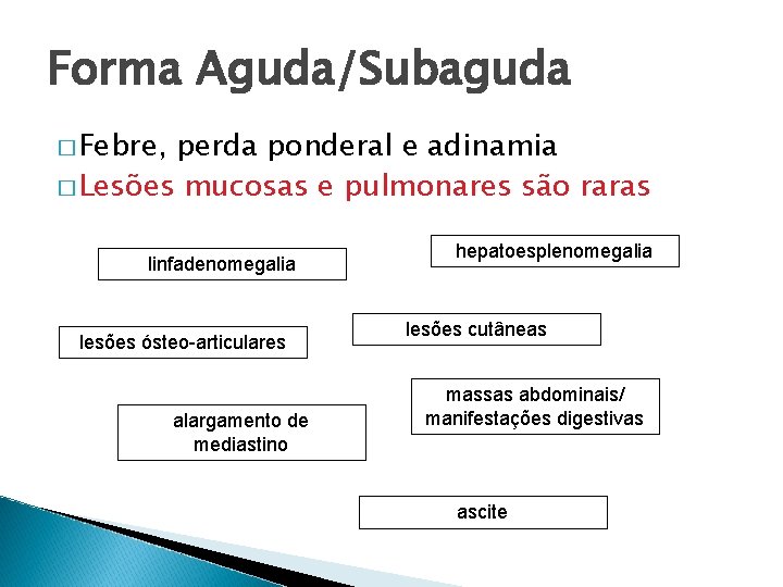 Forma Aguda/Subaguda � Febre, perda ponderal e adinamia � Lesões mucosas e pulmonares são