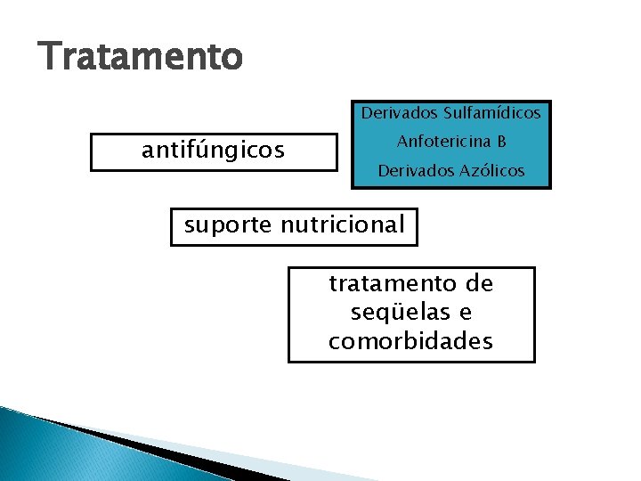 Tratamento Derivados Sulfamídicos antifúngicos Anfotericina B Derivados Azólicos suporte nutricional tratamento de seqüelas e