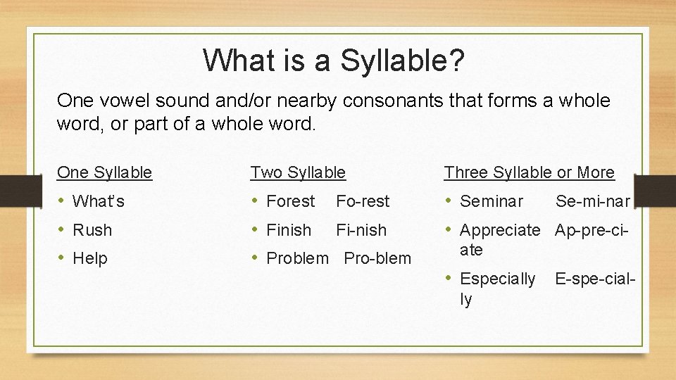 What is a Syllable? One vowel sound and/or nearby consonants that forms a whole