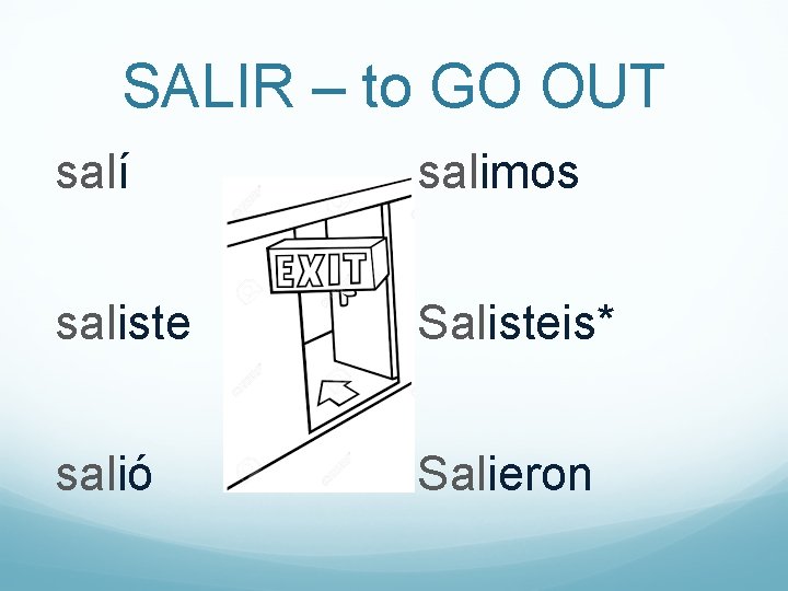 SALIR – to GO OUT salí salimos saliste Salisteis* salió Salieron 