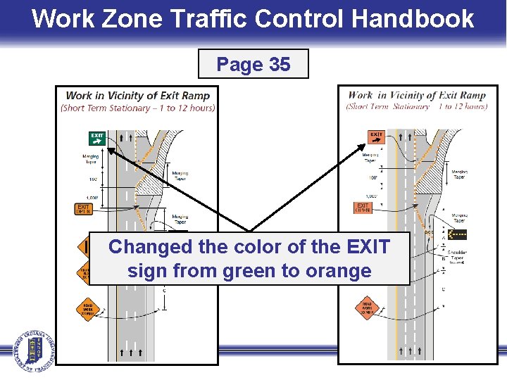 Work Zone Traffic Control Handbook Page 35 Changed the color of the EXIT sign