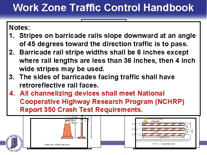 Work Zone Traffic Control Handbook Page 7 Notes: 1. Stripes on barricade rails slope