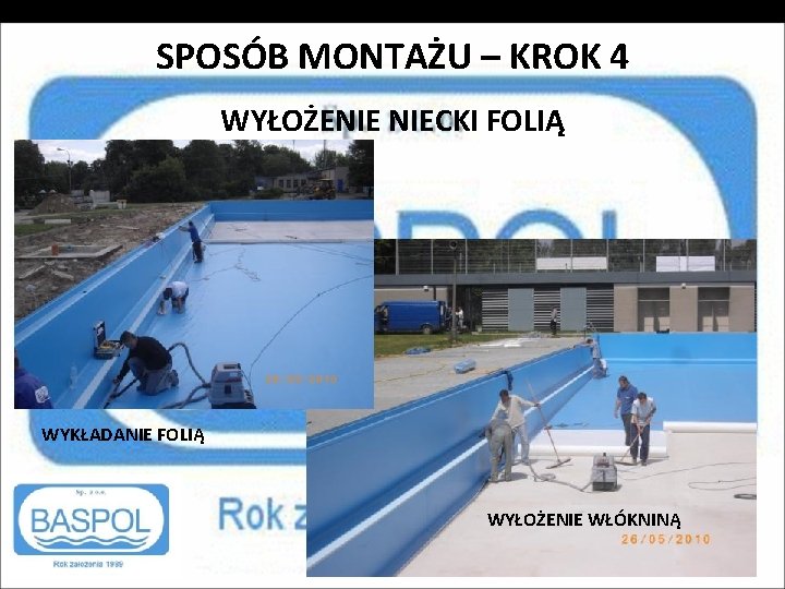 SPOSÓB MONTAŻU – KROK 4 WYŁOŻENIE NIECKI FOLIĄ WYKŁADANIE FOLIĄ WYŁOŻENIE WŁÓKNINĄ 