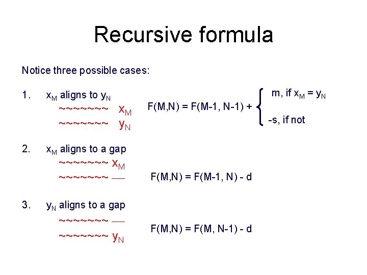 Recursive formula Notice three possible cases: 1. x. M aligns to y. N ~~~~~~~