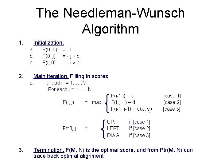 The Needleman-Wunsch Algorithm 1. Initialization. a. b. c. 2. F(0, 0) F(0, j) F(i,