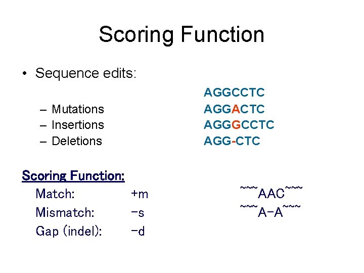 Scoring Function • Sequence edits: – Mutations – Insertions – Deletions Scoring Function: Match: