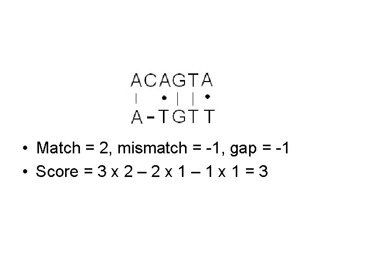  • Match = 2, mismatch = -1, gap = -1 • Score =