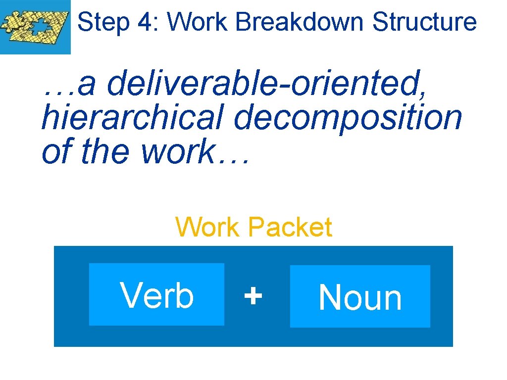 Step 4: Work Breakdown Structure …a deliverable-oriented, hierarchical decomposition of the work… Work Packet