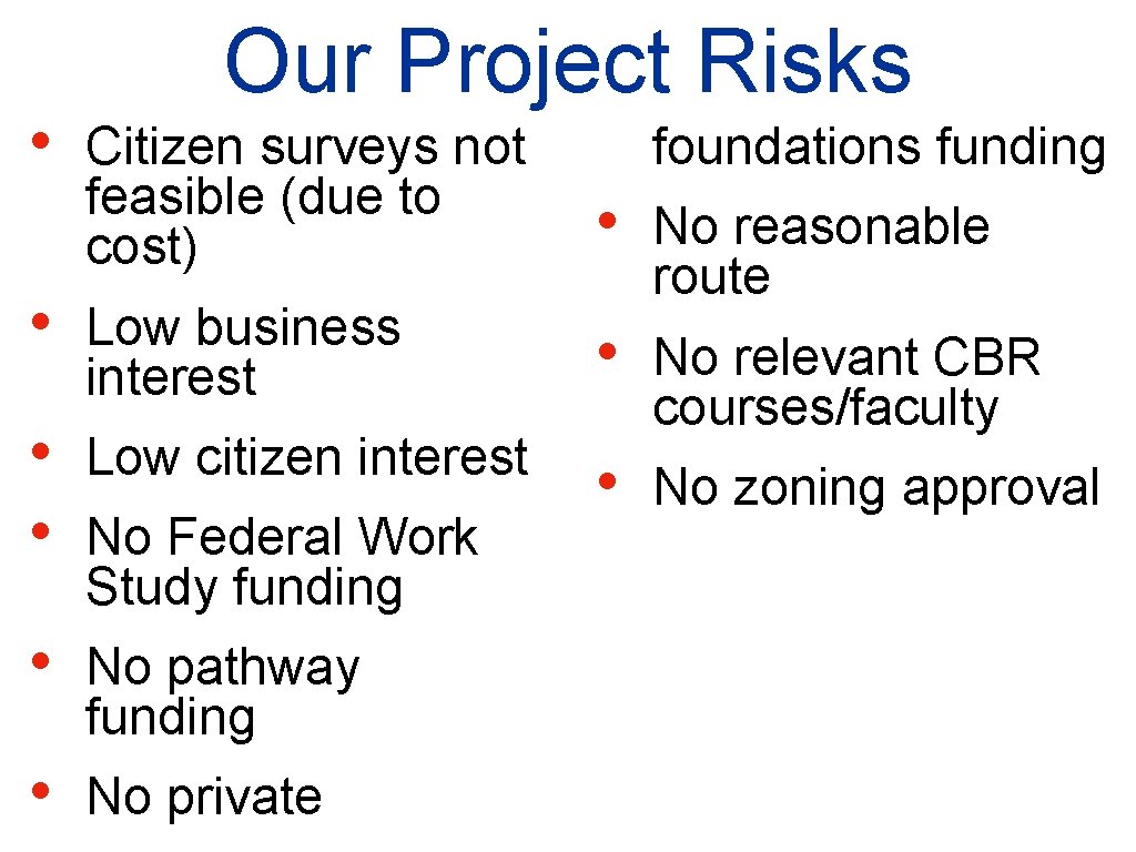  • Our Project Risks Citizen surveys not feasible (due to cost) • •