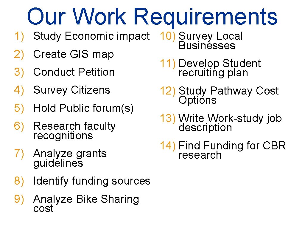 Our Work Requirements 1) Study Economic impact 10) Survey Local Businesses 2) Create GIS