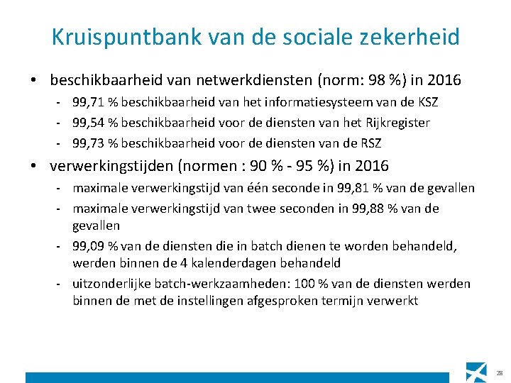 Kruispuntbank van de sociale zekerheid • beschikbaarheid van netwerkdiensten (norm: 98 %) in 2016