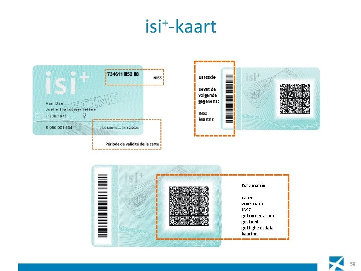 isi+-kaart Barcode Bevat de volgende gegevens: INSZ kaartnr. Datamatrix naam voornaam INSZ geboortedatum geslacht