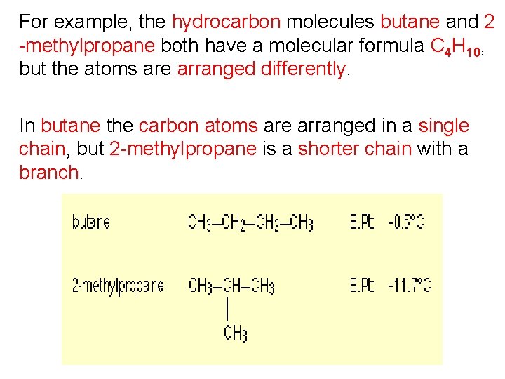 For example, the hydrocarbon molecules butane and 2 -methylpropane both have a molecular formula For example, the hydrocarbon molecules butane and 2 -methylpropane both have a molecular formula