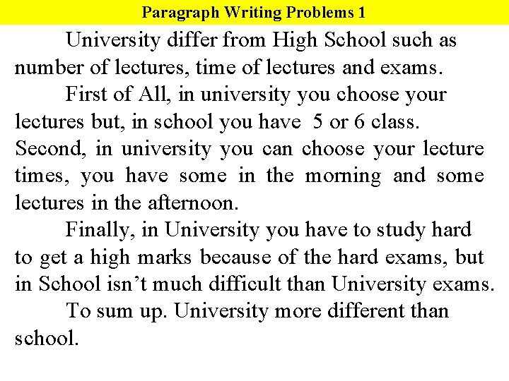 Paragraph Writing Problems 1 University differ from High School such as number of lectures,