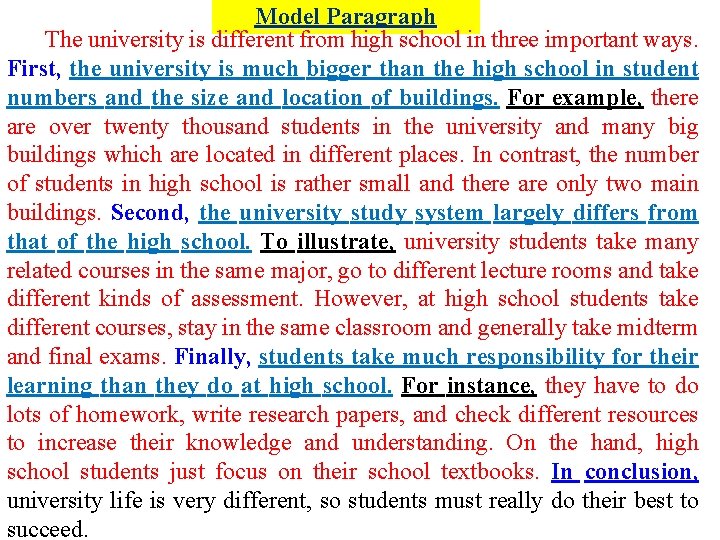 Model Paragraph The university is different from high school in three important ways. First,