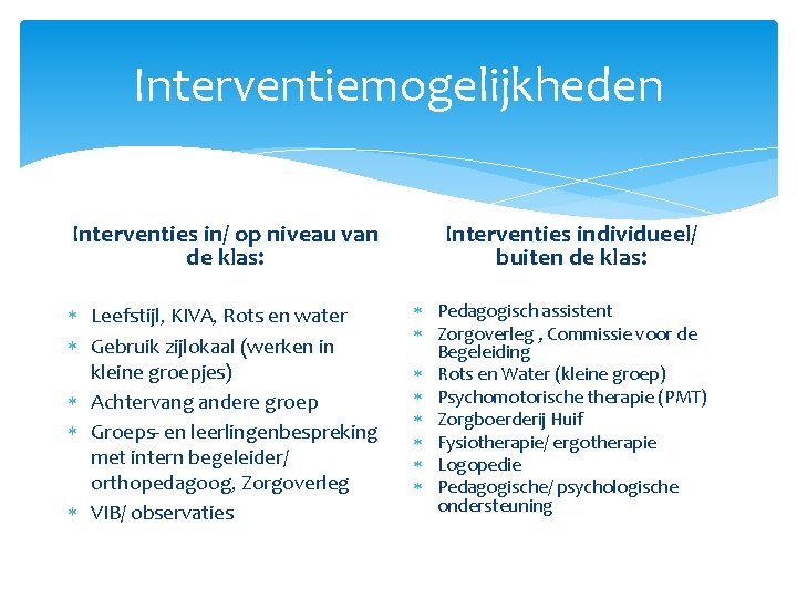 Interventiemogelijkheden Interventies in/ op niveau van de klas: Leefstijl, KIVA, Rots en water Gebruik