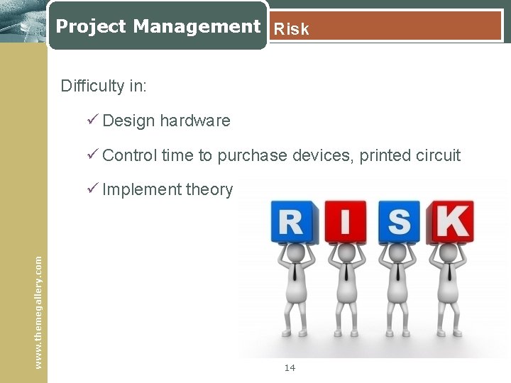 Project Management Risk Difficulty in: ü Design hardware ü Control time to purchase devices,