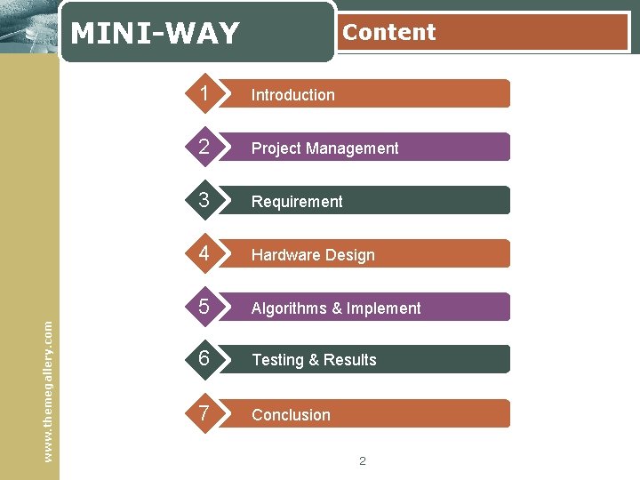 www. themegallery. com MINI-WAY Content 1 Introduction 2 Project Management 3 Requirement 4 Hardware