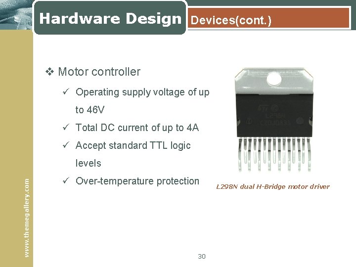 Hardware Design Devices(cont. ) v Motor controller ü Operating supply voltage of up to