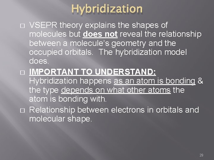 Hybridization � � � VSEPR theory explains the shapes of molecules but does not