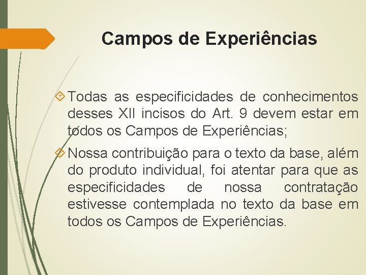 Campos de Experiências Todas as especificidades de conhecimentos desses XII incisos do Art. 9