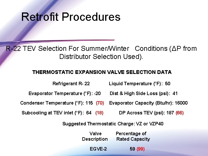Retrofit Procedures R-22 TEV Selection For Summer/Winter Conditions (ΔP from Distributor Selection Used). THERMOSTATIC