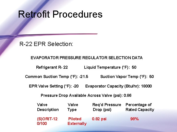 Retrofit Procedures R-22 EPR Selection: EVAPORATOR PRESSURE REGULATOR SELECTION DATA Refrigerant R- 22 Liquid